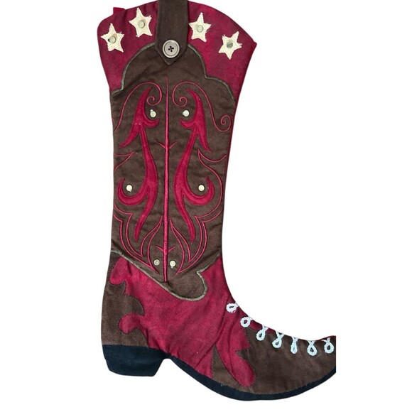 Cowboy Boot Christmas Holiday Stocking Brown Red Felt Embroidered Embellished - Picture 1 of 2
